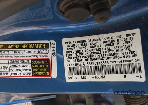 2008 Honda Civic Lx from USA, damaged, VIN 1HGFA16528L113363